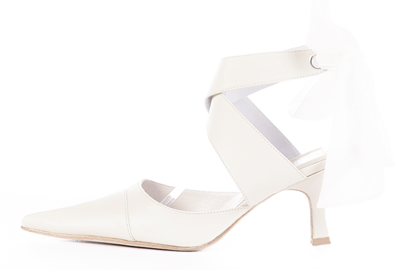 Off white women's open back shoes, with crossed straps. Pointed toe. High spool heels. Profile view - Florence KOOIJMAN